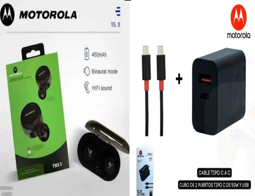 Combo Motorola Audifonos Bluetooth + Cargador Completo Carga Rápida 50w